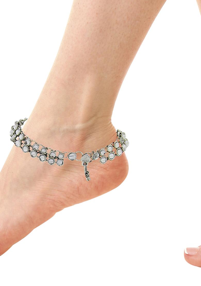 White Silver Plated Kundan Anklet With Ghungroo