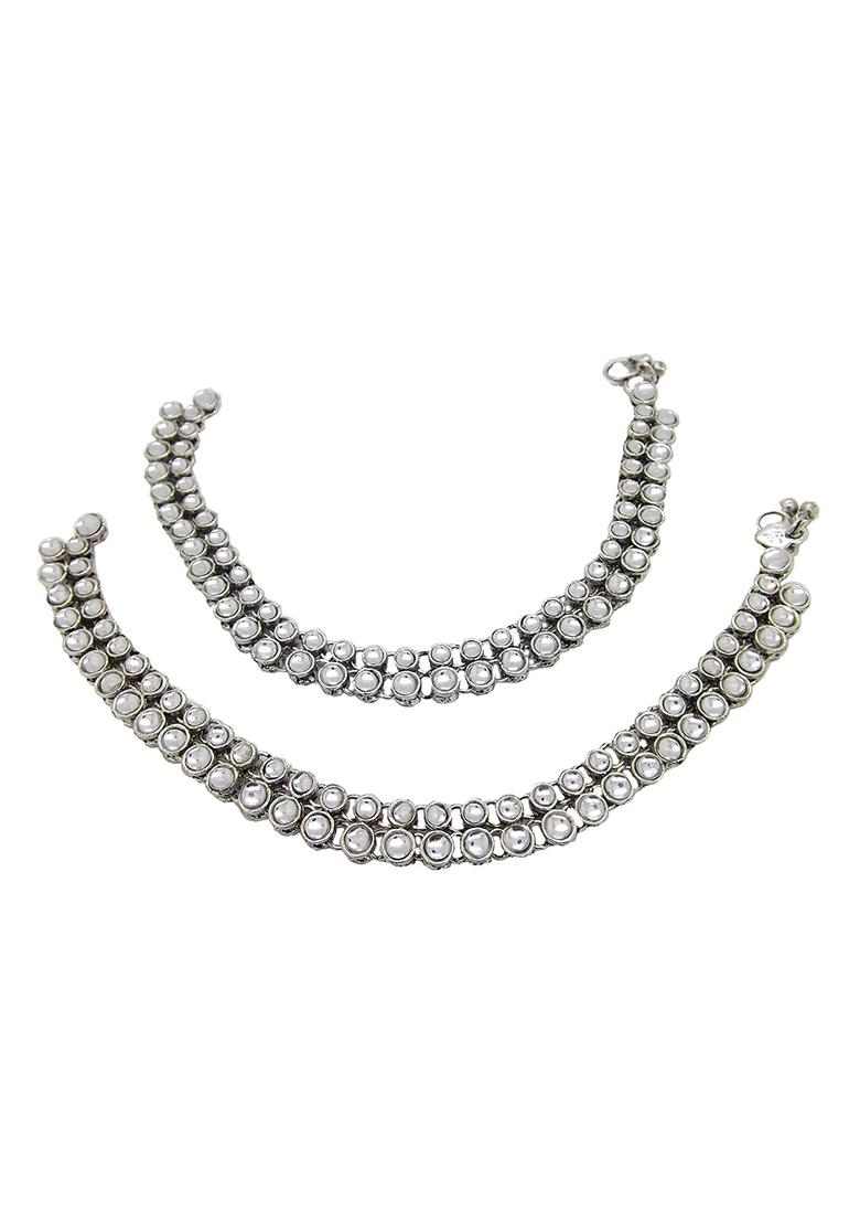 White Silver Plated Kundan Anklet With Ghungroo