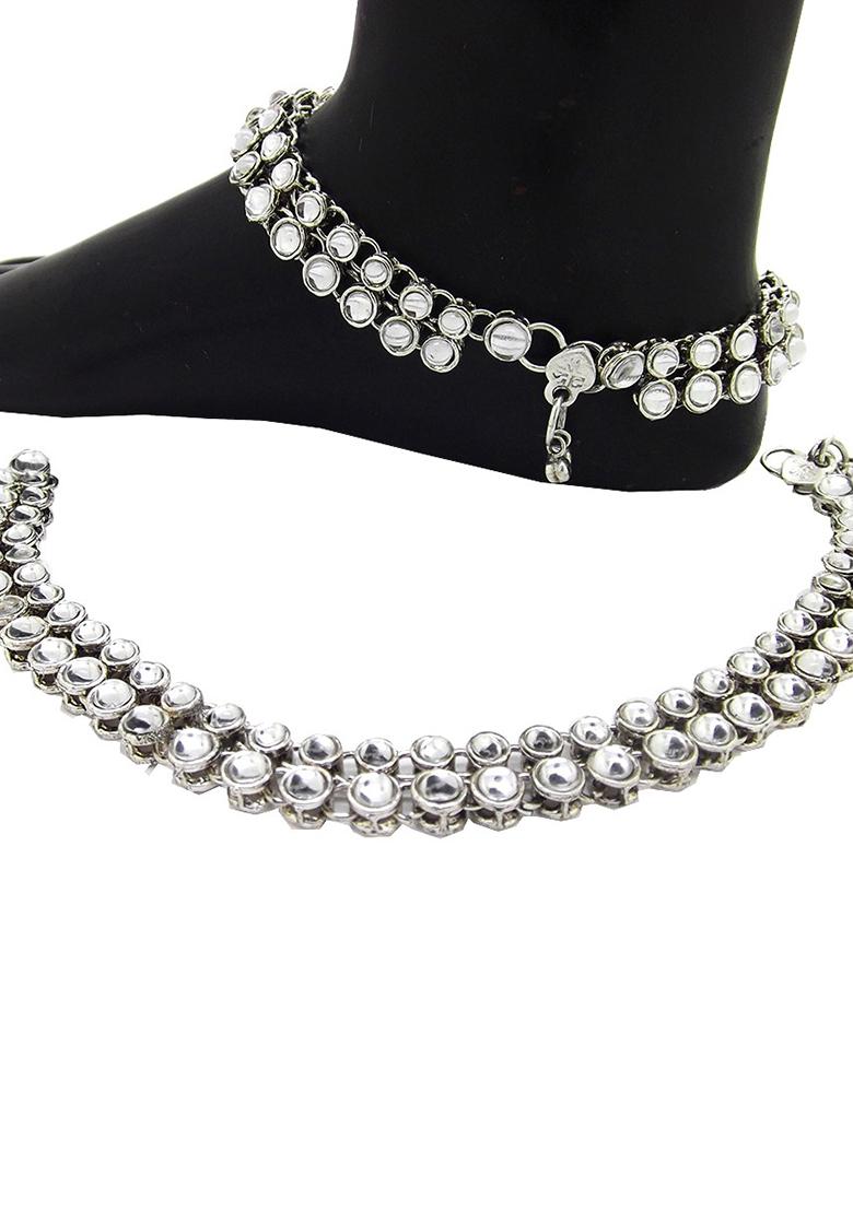 White Silver Plated Kundan Anklet With Ghungroo