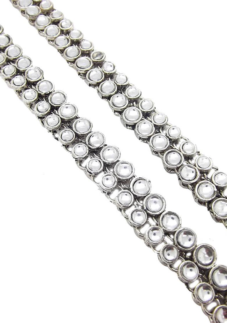 White Silver Plated Kundan Anklet With Ghungroo