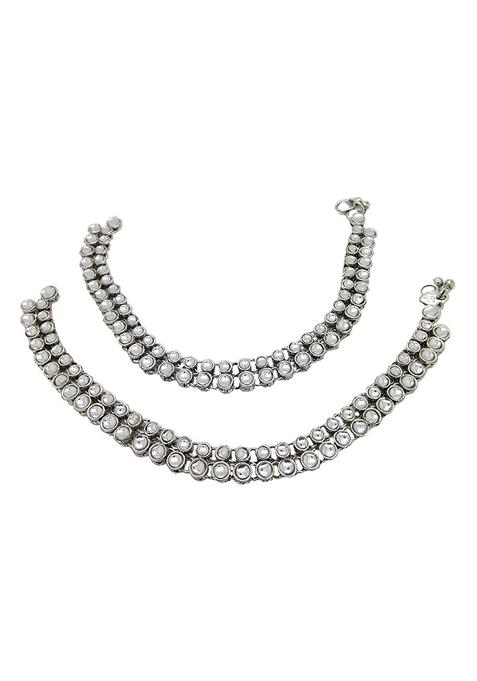 White Silver Plated Kundan Anklet With Ghungroo