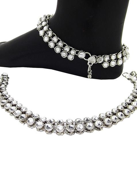 White Silver Plated Kundan Anklet With Ghungroo