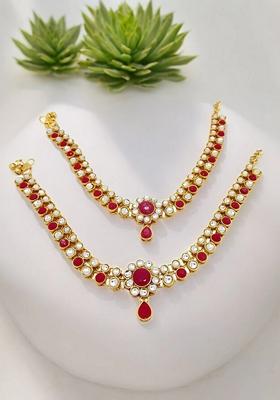Contemporary Red And White Stone Gold Plated Kundan Anklet With Ghungroo