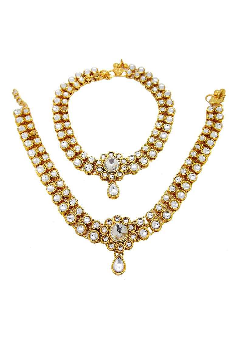 Contemporary White Stone Gold Plated Kundan Anklet With Ghungroo