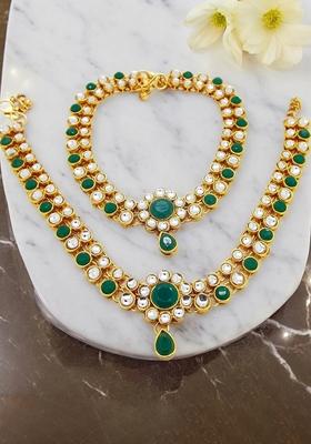 Contemporary Green And White Stone Gold Plated Kundan Anklet With Ghungroo