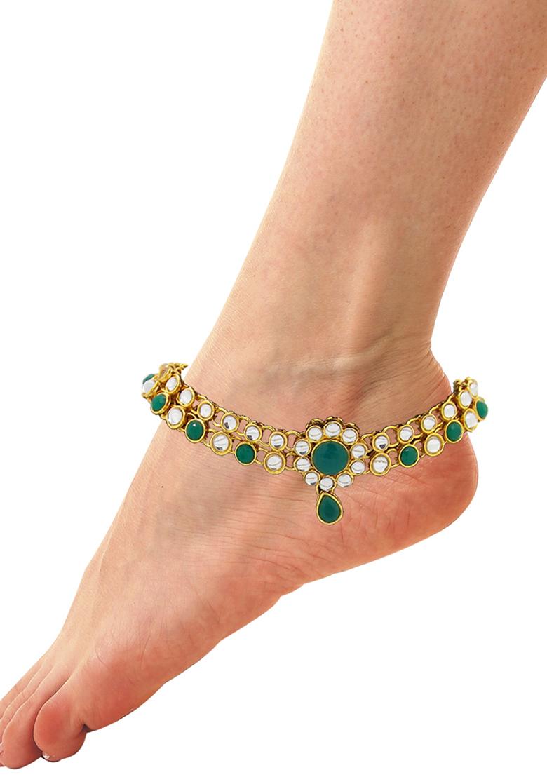 Contemporary Green And White Stone Gold Plated Kundan Anklet With Ghungroo
