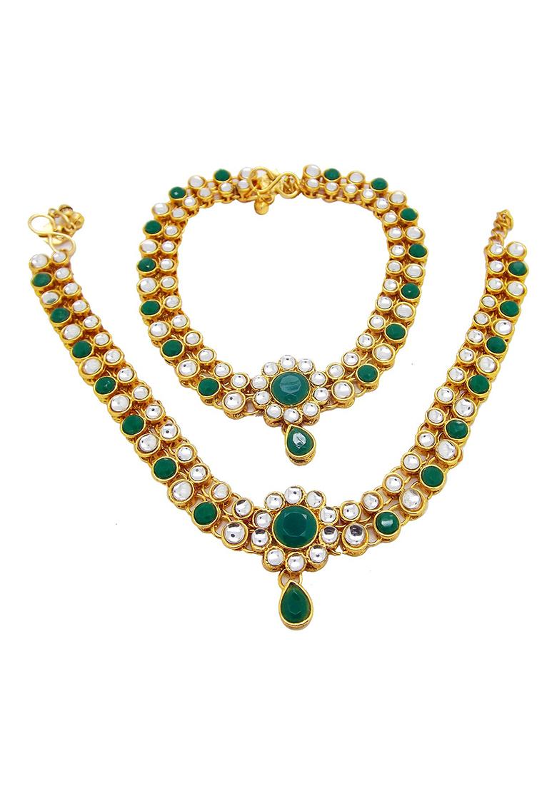 Contemporary Green And White Stone Gold Plated Kundan Anklet With Ghungroo