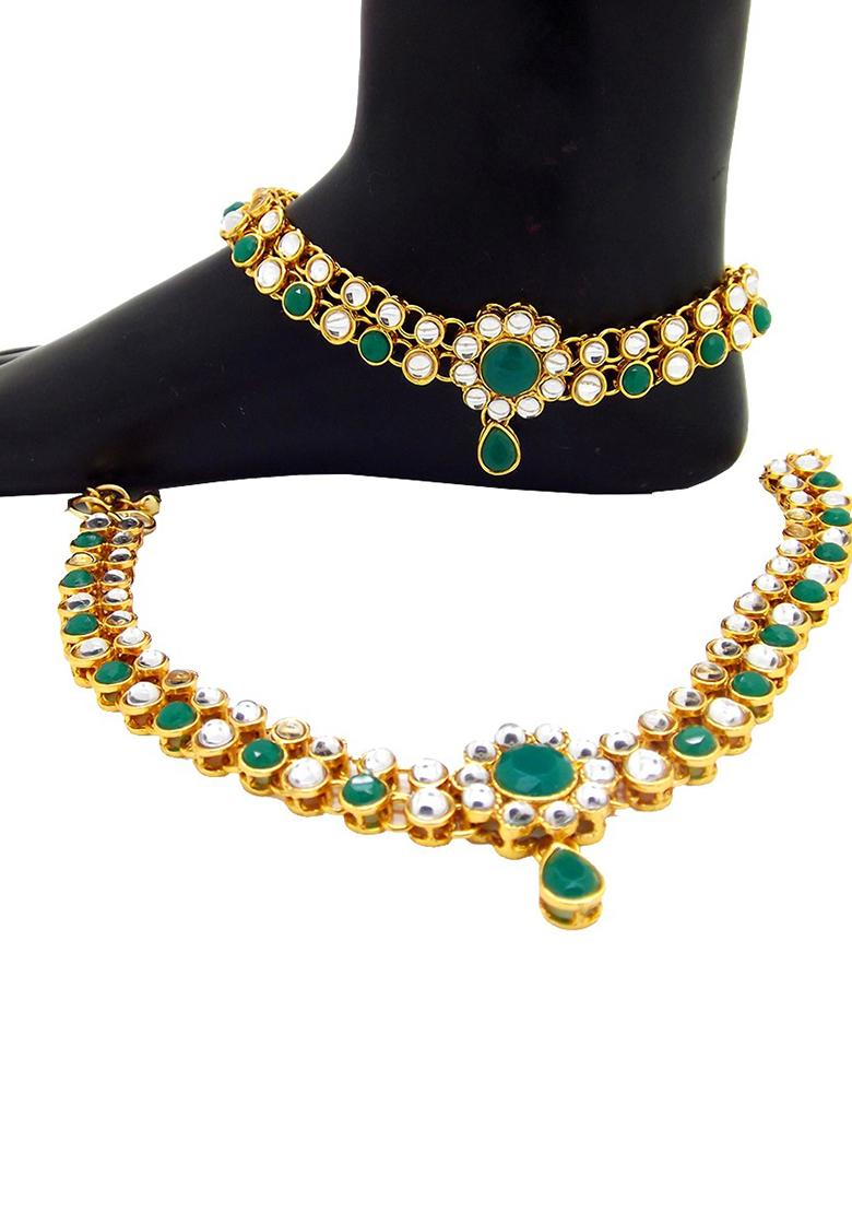 Contemporary Green And White Stone Gold Plated Kundan Anklet With Ghungroo