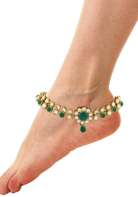 Contemporary Green And White Stone Gold Plated Kundan Anklet With Ghungroo