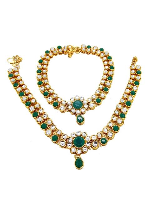 Contemporary Green And White Stone Gold Plated Kundan Anklet With Ghungroo