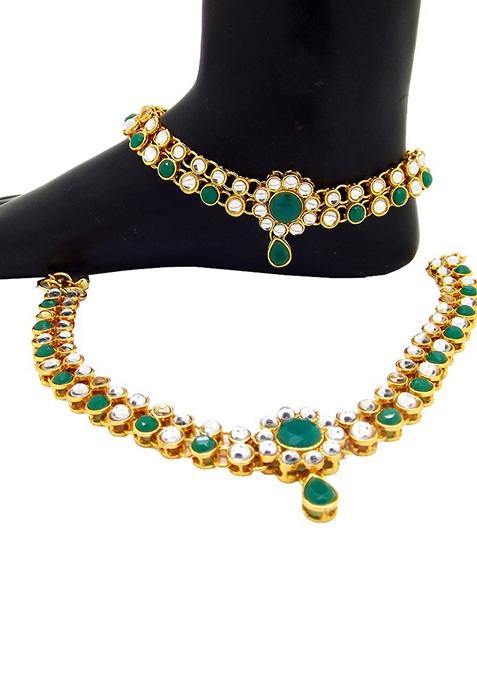 Contemporary Green And White Stone Gold Plated Kundan Anklet With Ghungroo