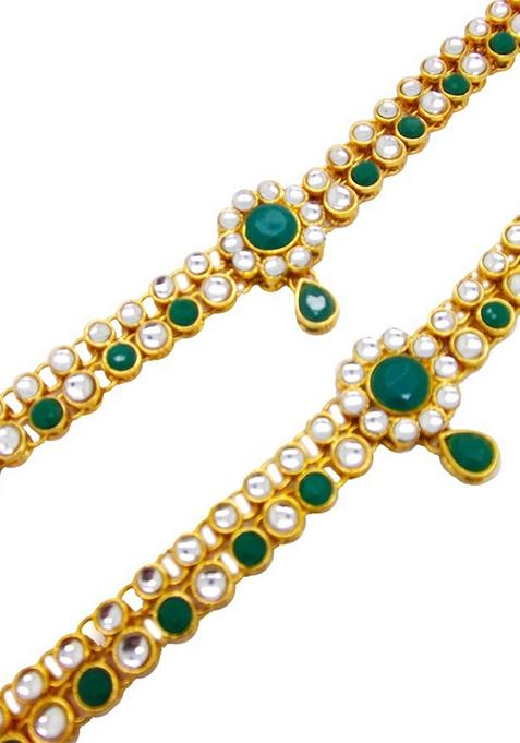 Contemporary Green And White Stone Gold Plated Kundan Anklet With Ghungroo