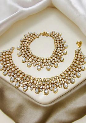 Three Layered White Stone Gold Plated Kundan Anklet With Ghungroo