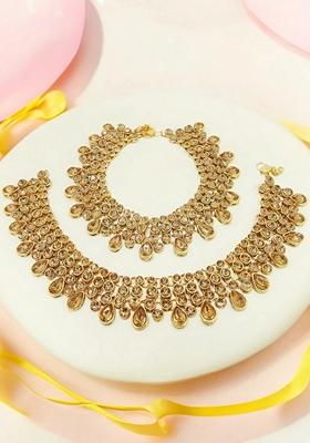 Three Layered Yellow Stone Gold Plated Kundan Anklet With Ghungroo