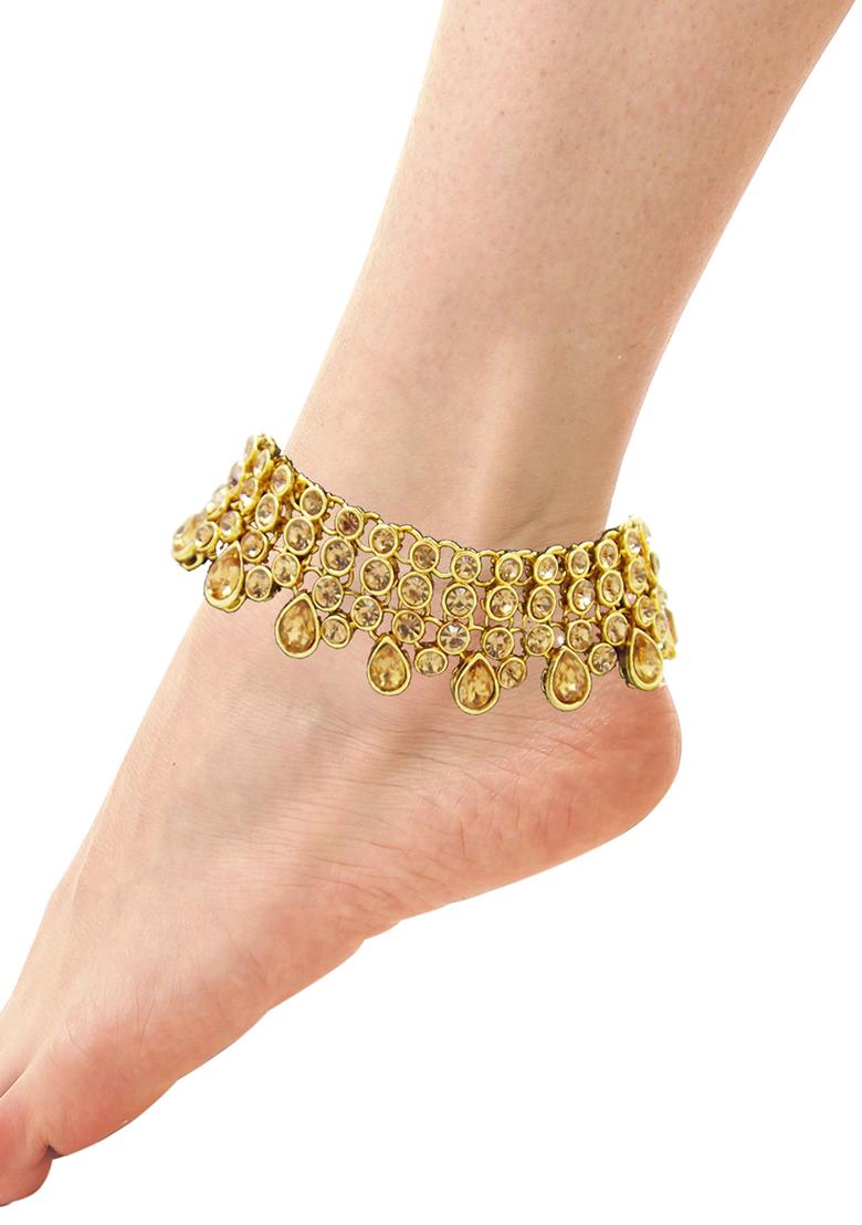 Three Layered Yellow Stone Gold Plated Kundan Anklet With Ghungroo