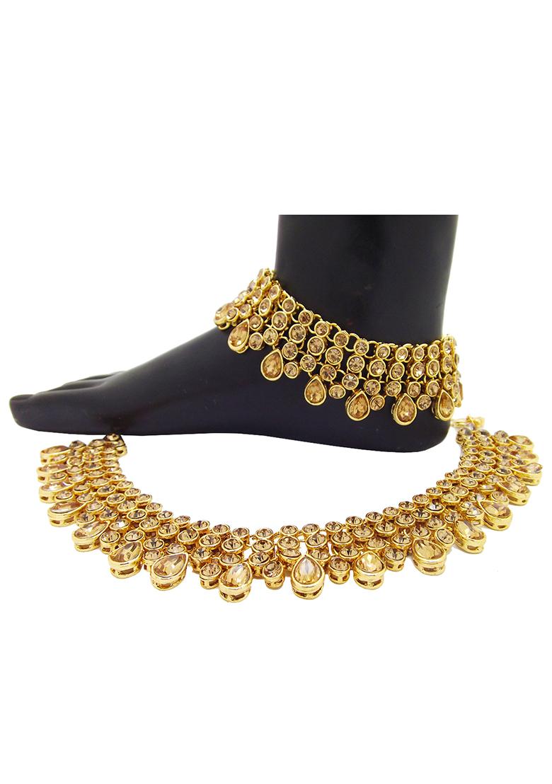 Three Layered Yellow Stone Gold Plated Kundan Anklet With Ghungroo