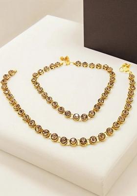 One String Brown Stone Gold Plated Kundan Anklet With Ghungroo