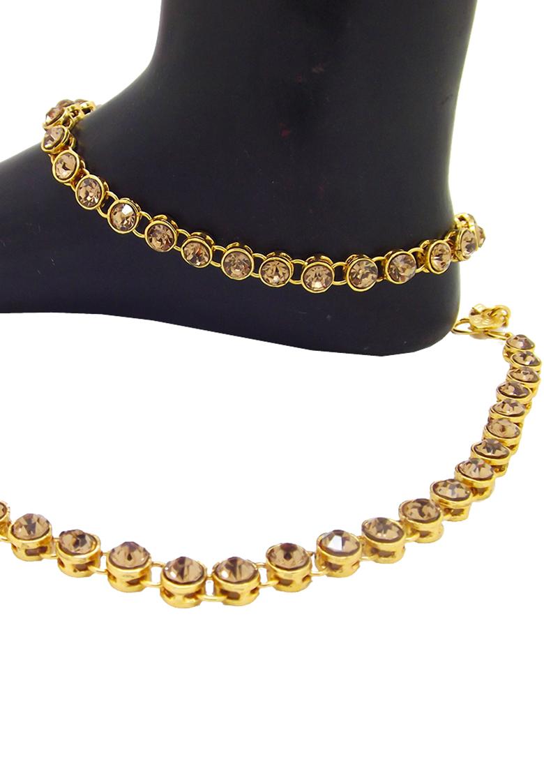 One String Brown Stone Gold Plated Kundan Anklet With Ghungroo - Indya