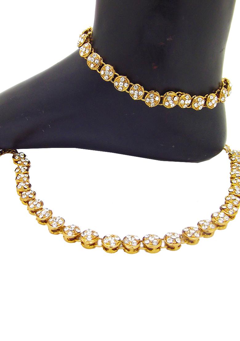One String American Diamond Gold Plated Anklet With Ghungroo