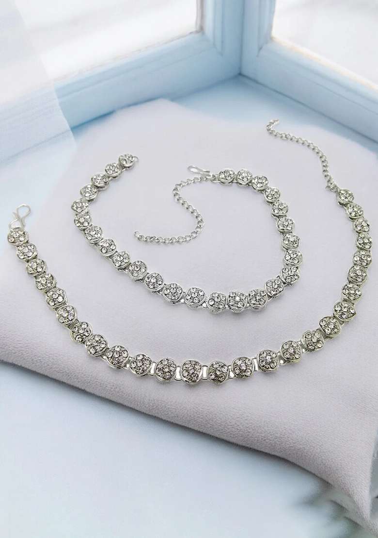 One String American Diamond Silver Plated Anklet With Ghungroo - Indya
