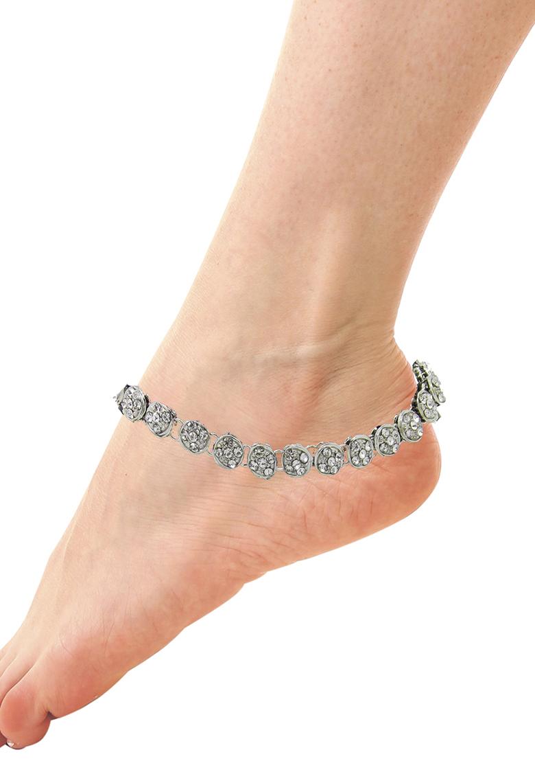 One String American Diamond Silver Plated Anklet With Ghungroo