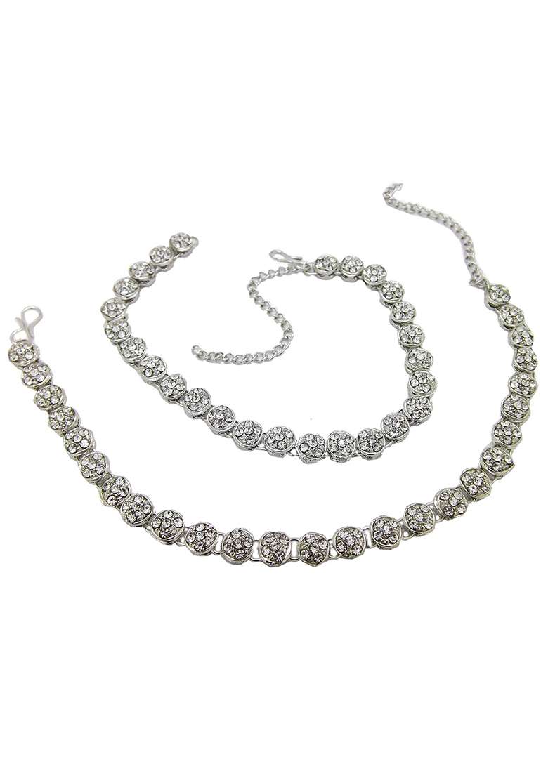 One String American Diamond Silver Plated Anklet With Ghungroo - Indya