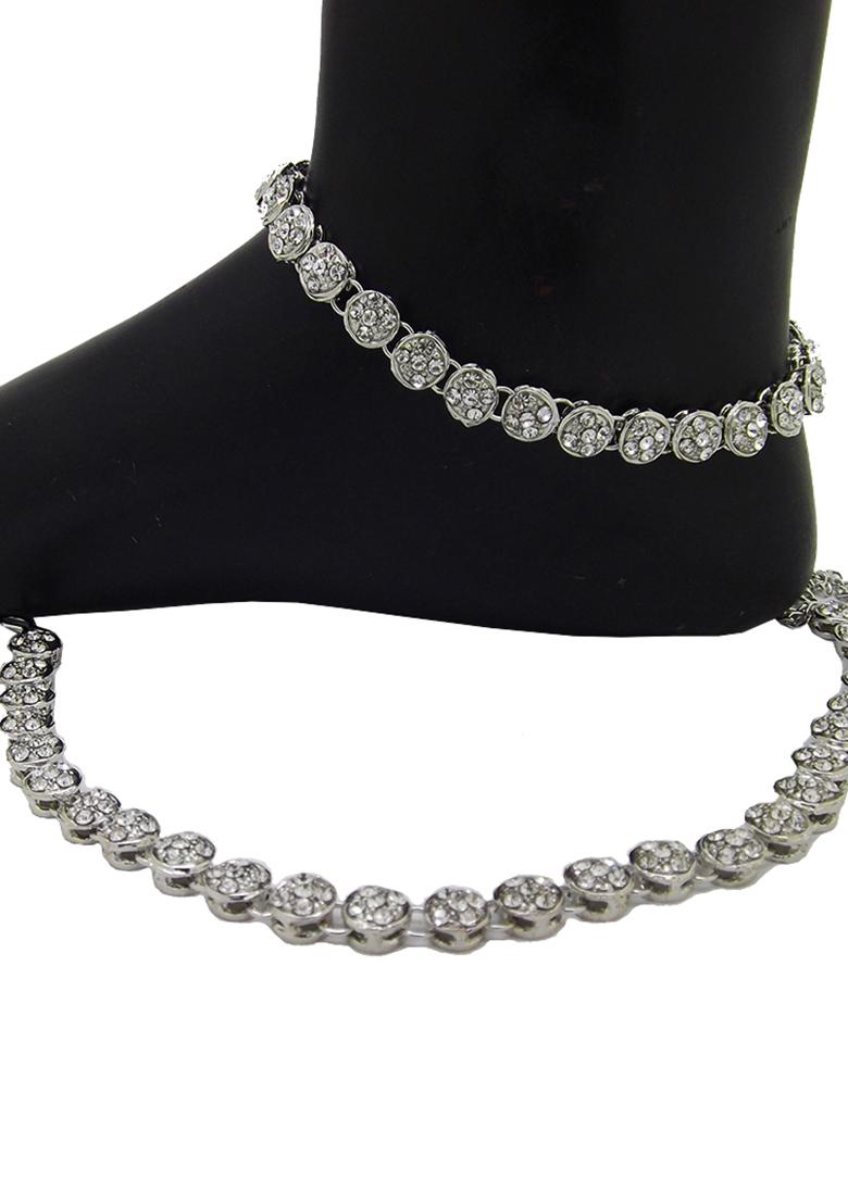 One String American Diamond Silver Plated Anklet With Ghungroo