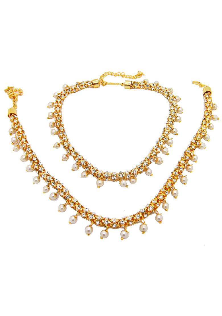 Pearl And American Diamond Gold Plated Anklet