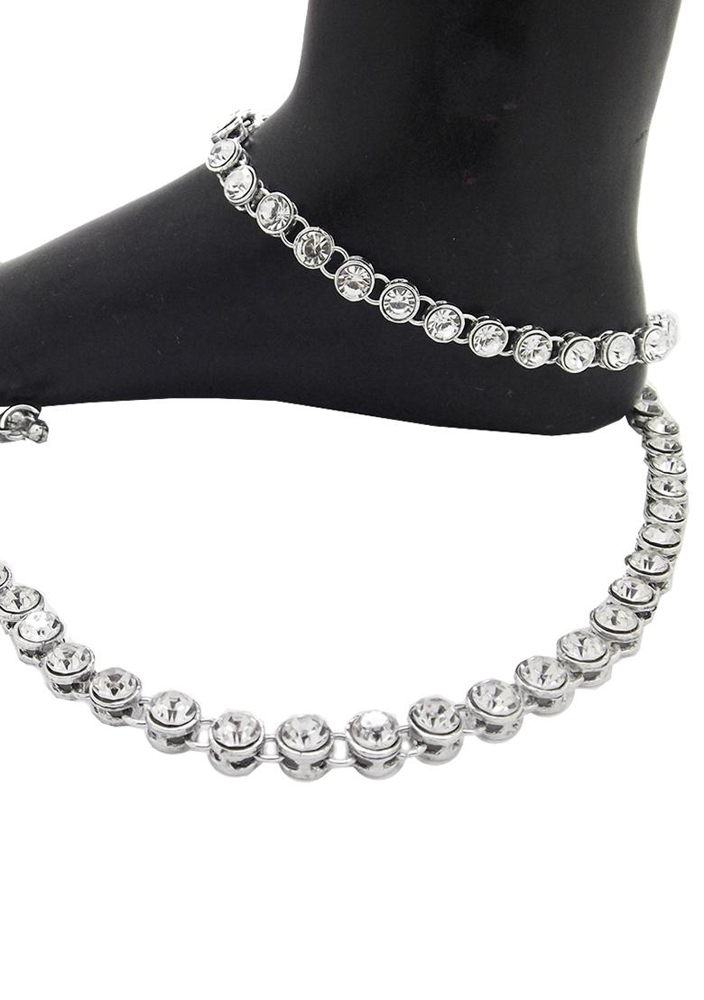One String White Stone Silver Plated Kundan Anklet With Ghungroo - Indya