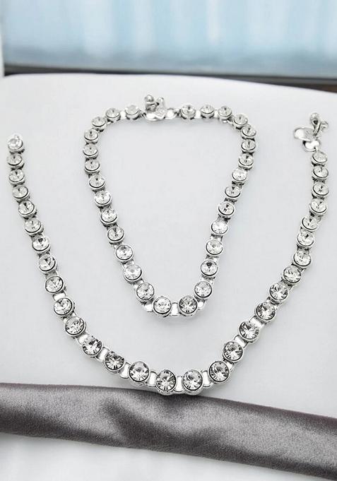 One String White Stone Silver Plated Kundan Anklet With Ghungroo