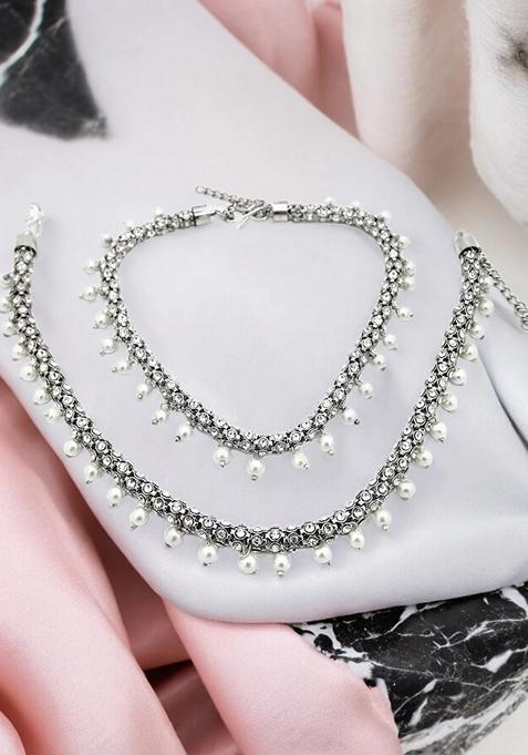 Pearl And American Diamond Silver Plated Anklet