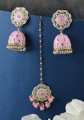 Pink Cubic Zirconia Maang Tikka With Earrings