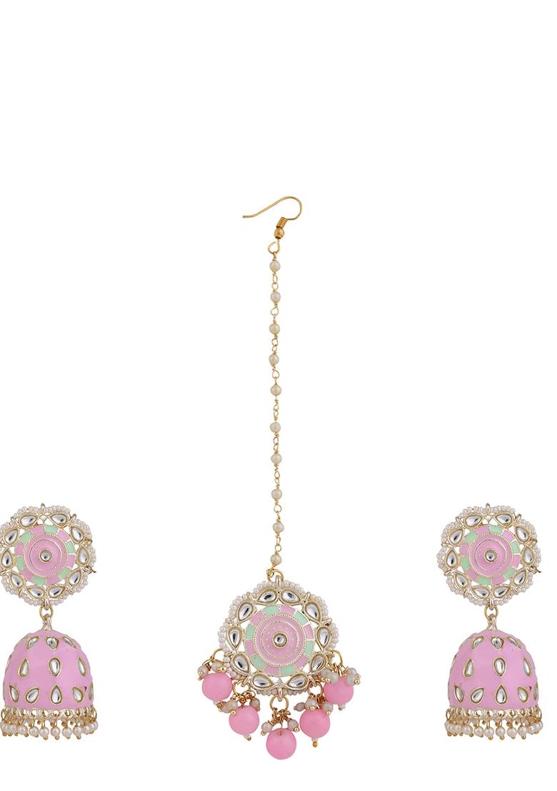 Pink Cubic Zirconia Maang Tikka With Earrings