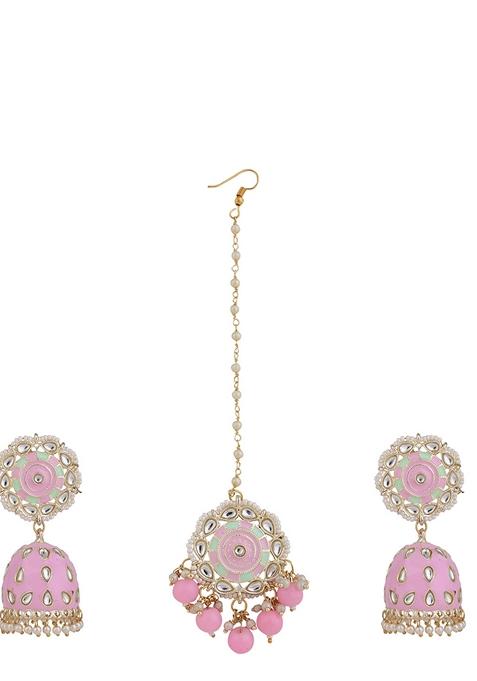 Pink Cubic Zirconia Maang Tikka With Earrings