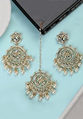 Gold Cubic Zirconia Maang Tikka With Earrings