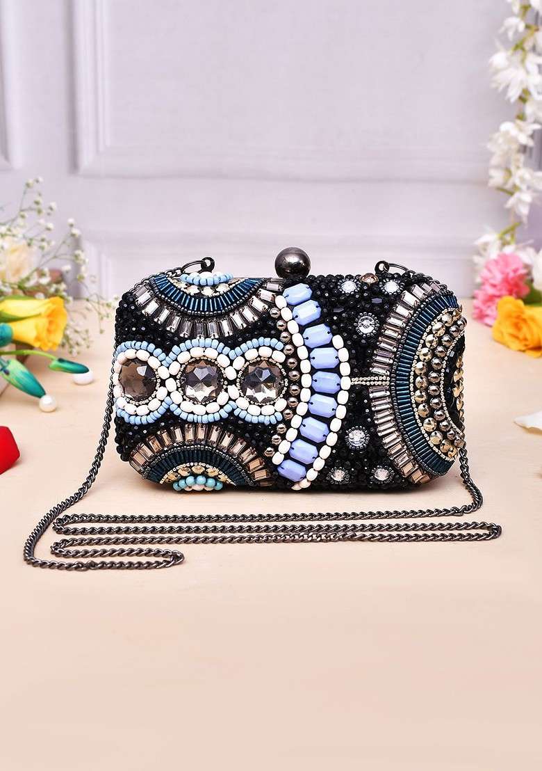 Black Embellished Box Clutch - Indya