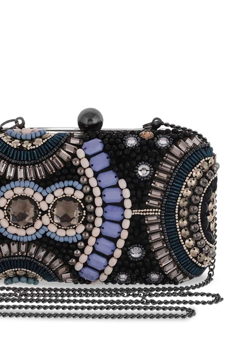 Black Embellished Box Clutch - Indya