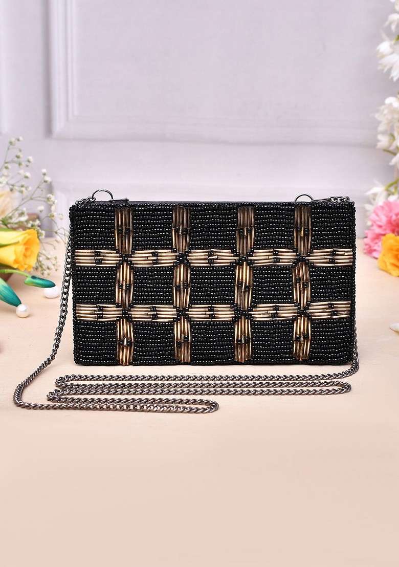 Black Embellished Box Clutch - Indya