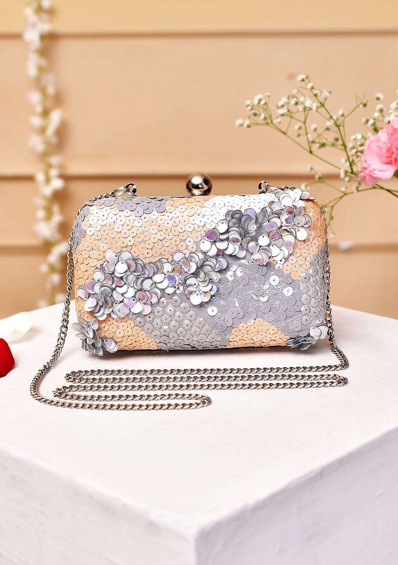 Grey Sequin Embellished Clutch - Indya
