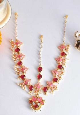 Gold Plated Bead Enamelled Maang Tikka