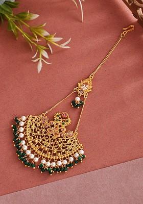 Gold Plated Pearl Enamelled Maang Tikka