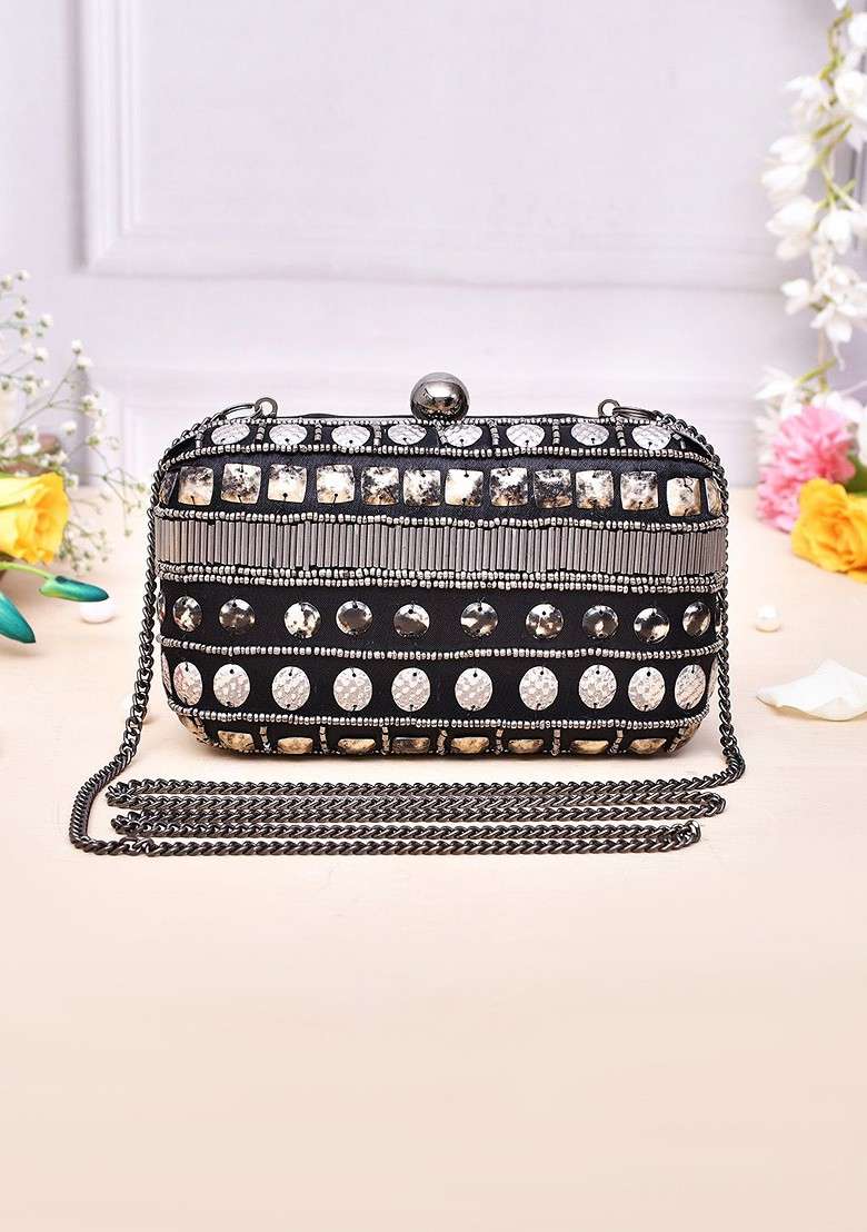 Black Embellished Box Clutch - Indya