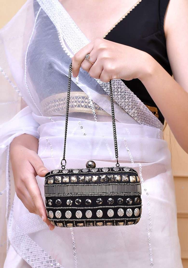 Black Embellished Box Clutch - Indya