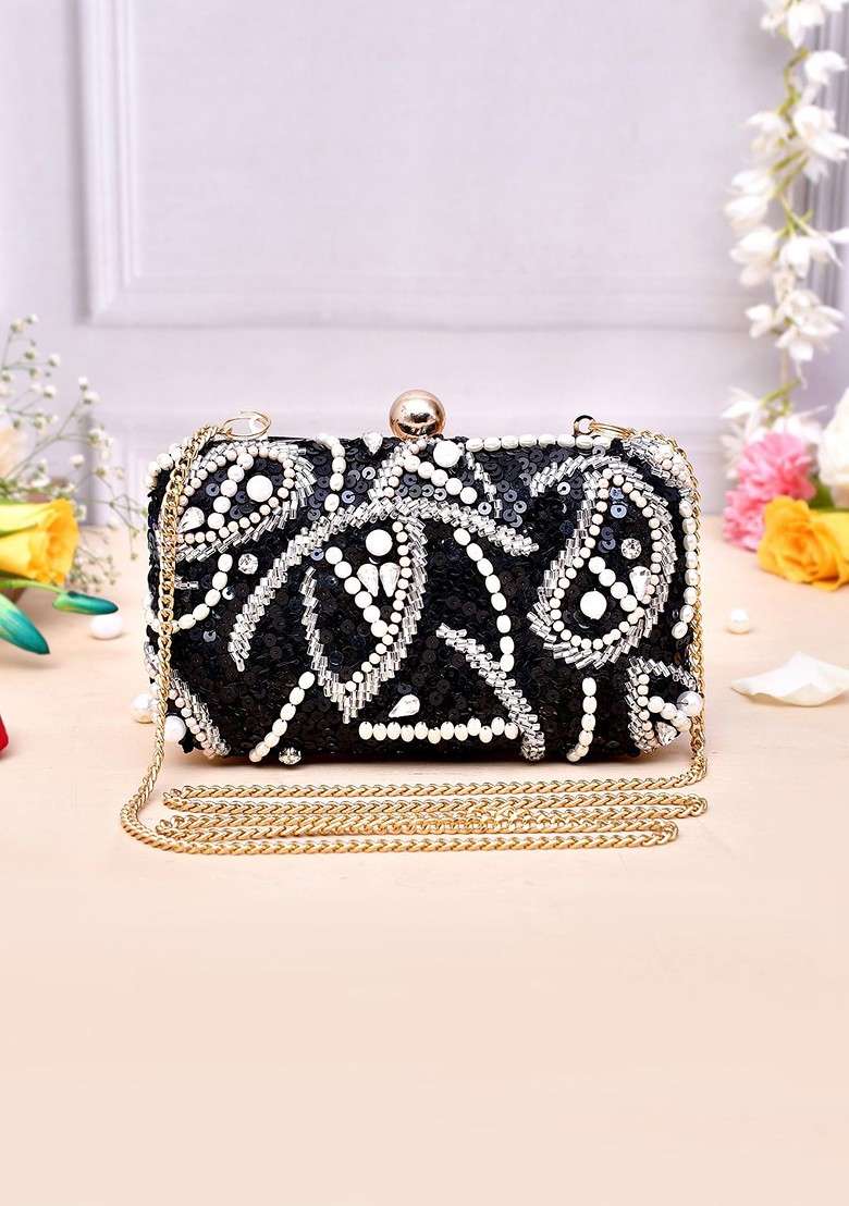 Black Embellished Box Clutch - Indya