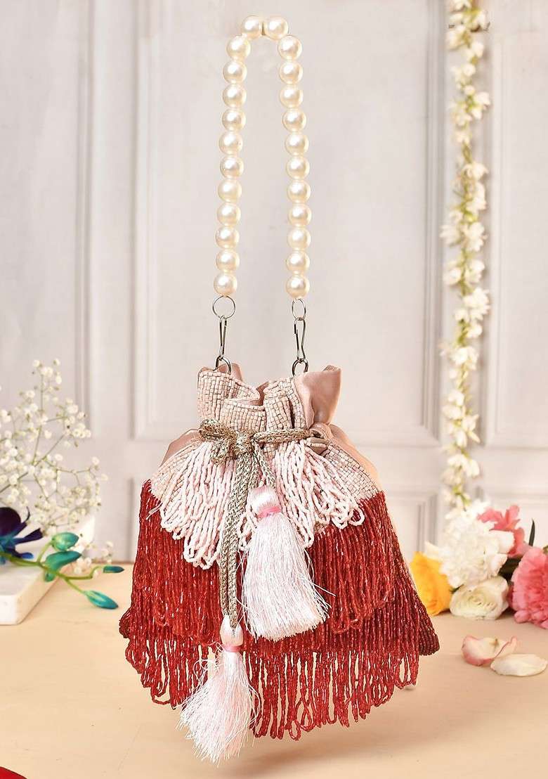 Red Embellished Tassel Clutch - Indya