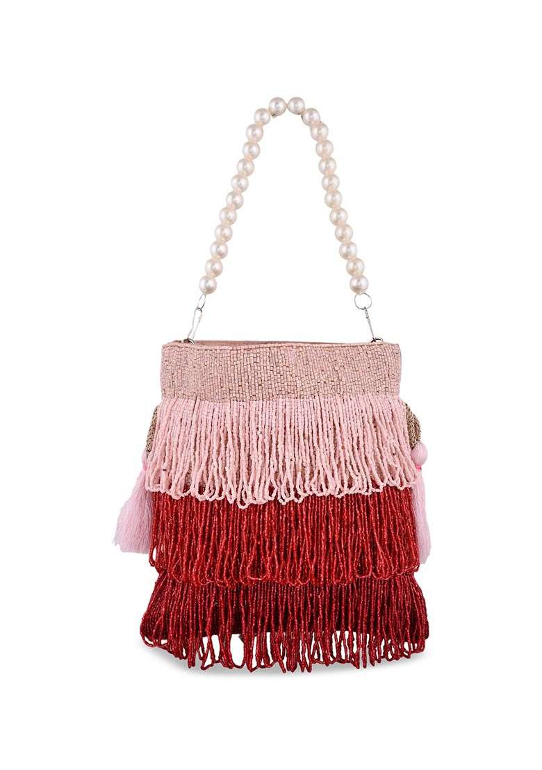 Red Embellished Tassel Clutch - Indya