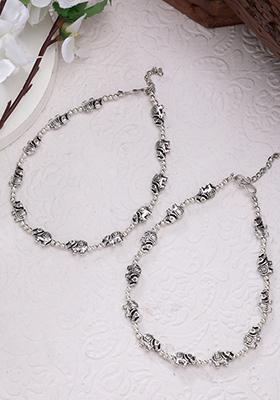 Silver Set Of 2 Plated Elephant Design Anklets