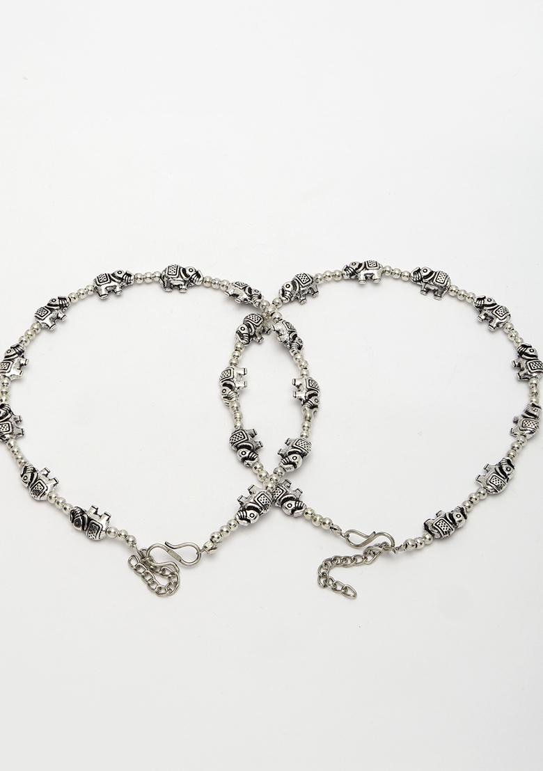 Silver Set Of 2 Plated Elephant Design Anklets
