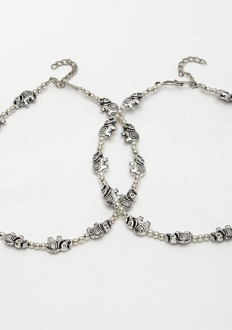 Silver Set Of 2 Plated Elephant Design Anklets