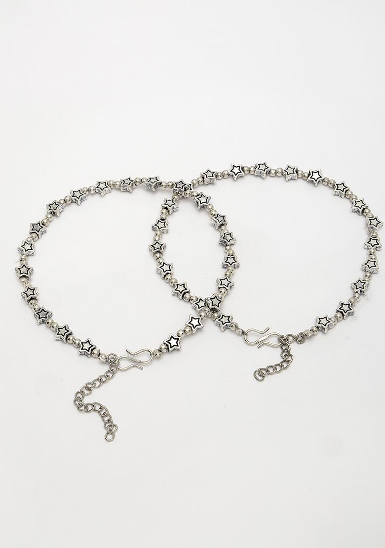 Silver Set Of 2 Plated Star Design Anklets